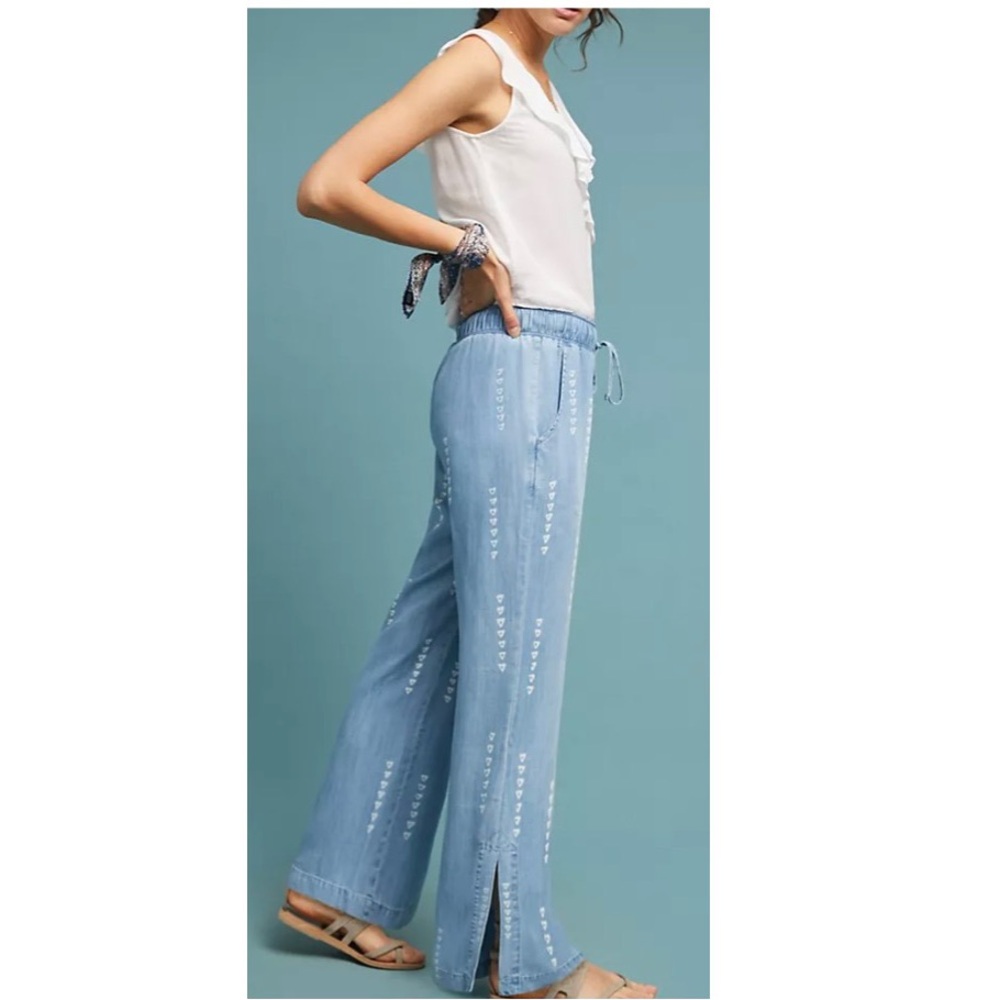 Anthropologie Cloth & Stone Chambray Wide-Leg Split Hem Pull-On Pants Size Small - Picture 7 of 16